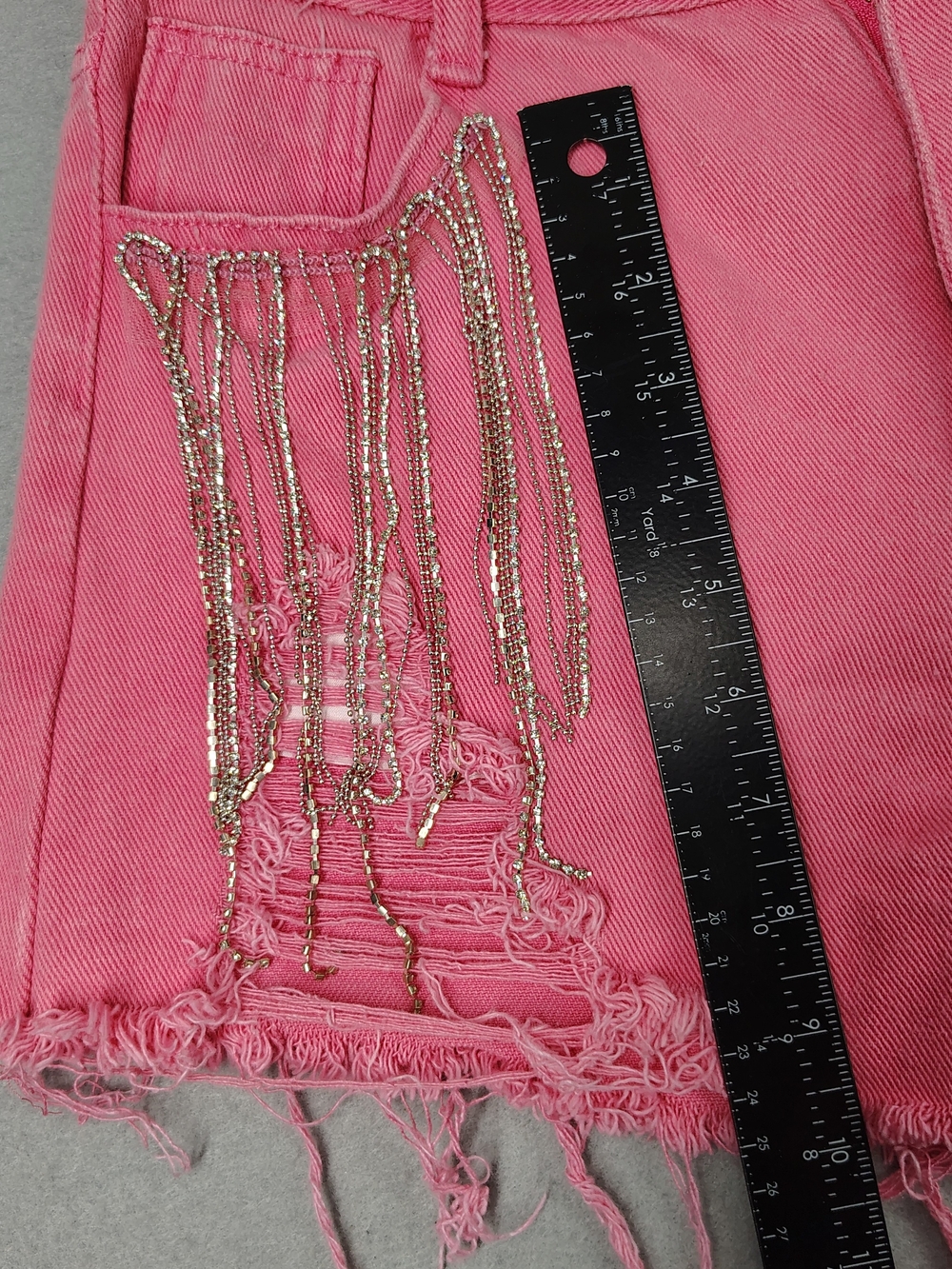 Blue B Collection - Pink Fringe Denim Shorts w/ Rhinestone Chains - Size 0 - Picture 3 of 10